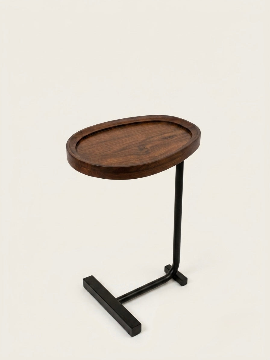 C-Shaped Sofa Side Table with Round Wooden Tray Top