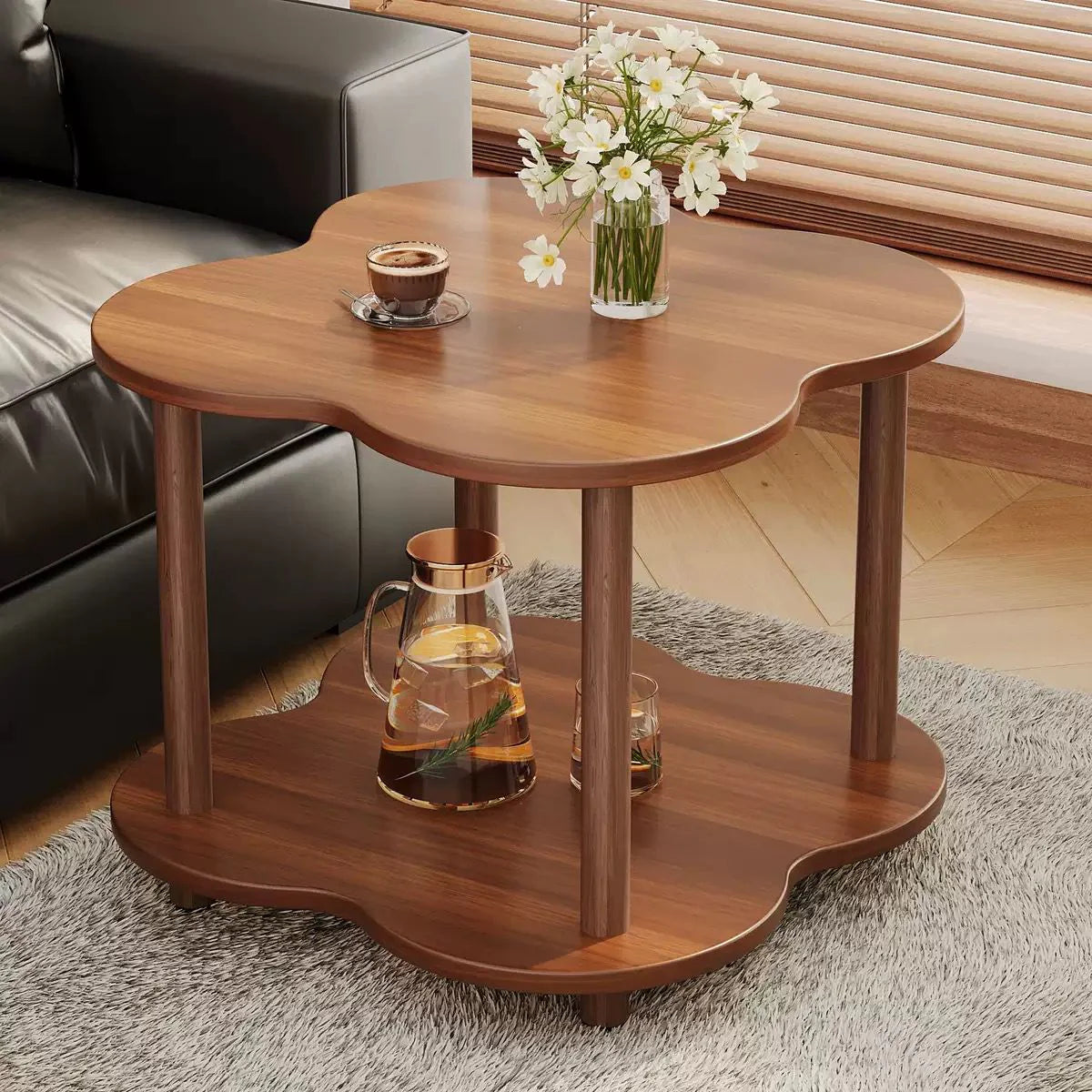 Two-Tier Wooden Side Table with Wavy Edges